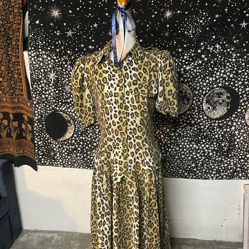 Vintage 1980s Leopard Cotton Dress Drop Wais